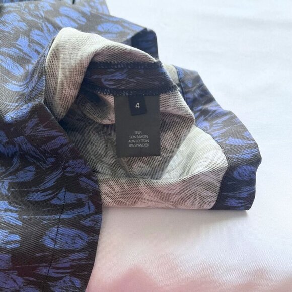 YIGAL AZROUEL BLACK BLUE WHITE ABSTRACT PATTERN SHORT SLEEVE SHEATH MIDI DRESS - Picture 11 of 12